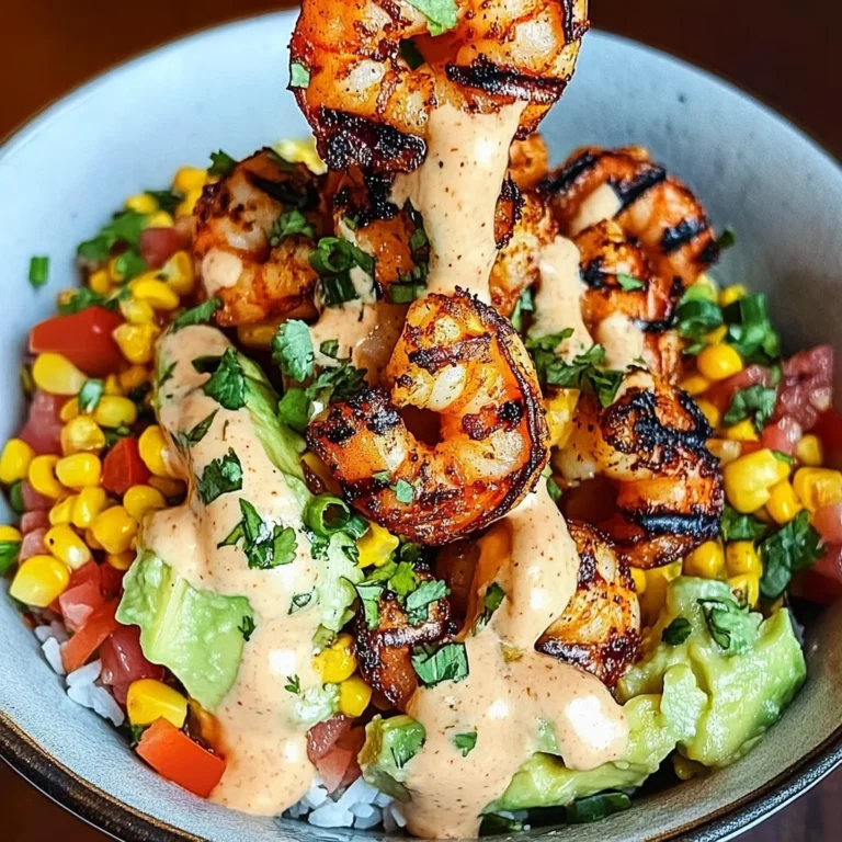 Grilled Shrimp Bowl with Avocado, Corn Salsa & Creamy Sauce