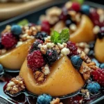 Baked Pears with Berries, Honey, Walnuts & Blue Cheese