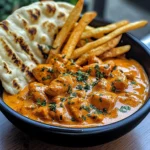Creamy Butter Chicken with Garlic Drizzle, Fries & Warm Naan