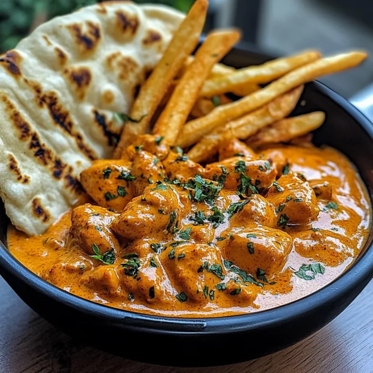 Creamy Butter Chicken with Garlic Drizzle, Fries & Warm Naan