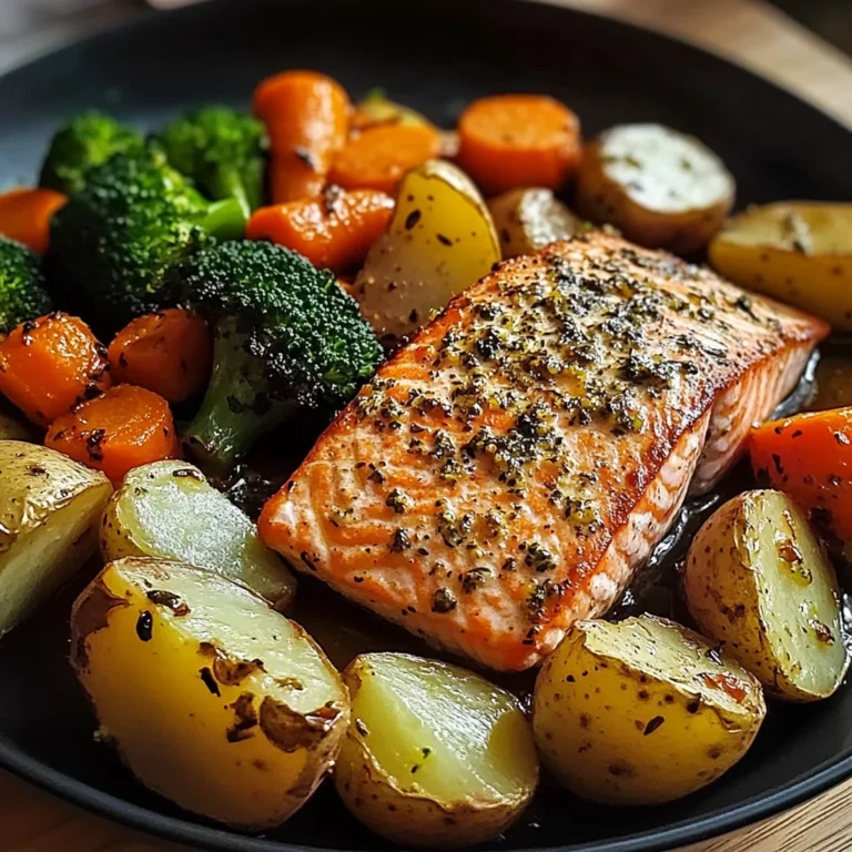 Garlic-Herb Salmon with Roasted Potatoes, Glazed Carrots & Broccoli