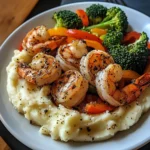 Garlic Butter Shrimp with Sautéed Veggies & Creamy Mashed Potatoes