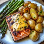 Grilled Salmon with Garlic Potatoes & Cheesy Asparagus