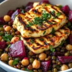 Halloumi with Lemony Lentils, Chickpeas and Beets