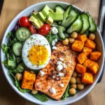 Omega Bowl: Salmon, Jammy Egg & Greens with Chickpeas & Sweet Potato