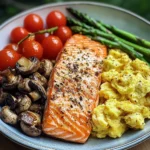 Salmon Power Bowl with Scrambled Eggs, Asparagus & Sauted Mushrooms