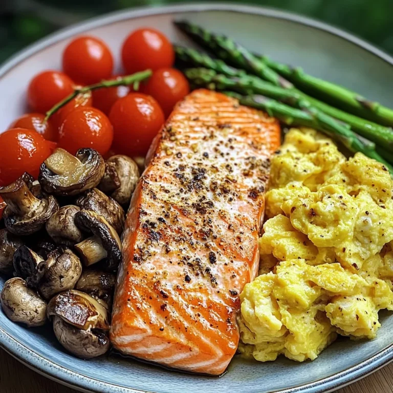 Salmon Power Bowl with Scrambled Eggs, Asparagus & Sauted Mushrooms